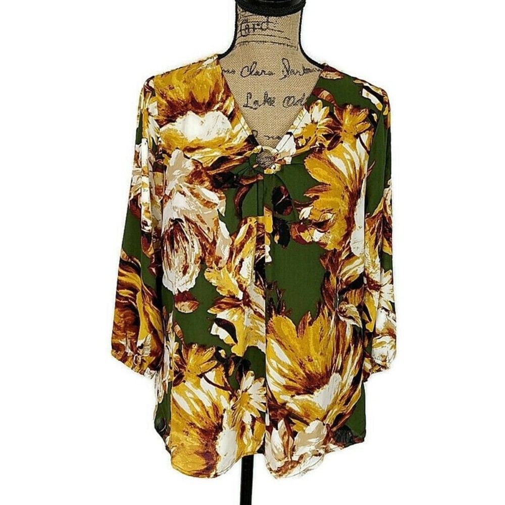 Cato Womens sz S Top Green Floral V Neck O-Ring Long Sleeve Pullover Blouse